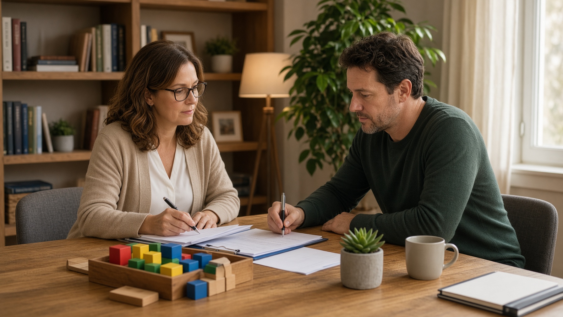A psychologist and an adult completing testing materials during a psychological assessment
