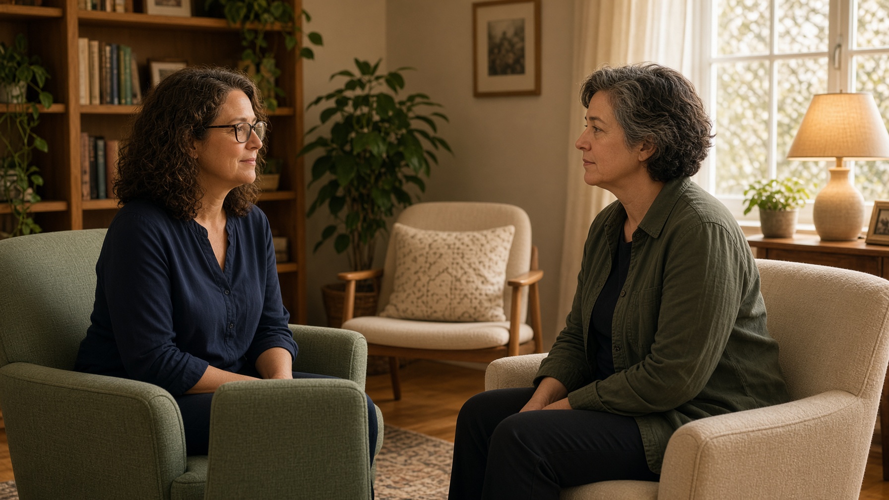 A therapist and an adult client talking in a warm counseling office