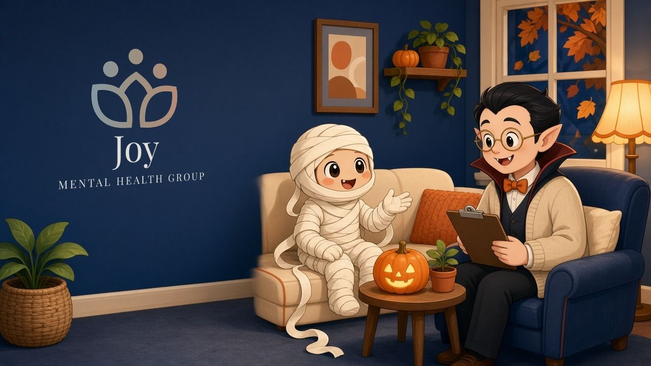 Cartoon of a friendly vampire therapist listening to a smiling mummy in a cozy office with the Joy Mental Health Group logo on the wall