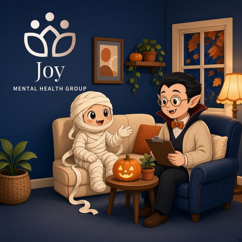 Cartoon of a friendly vampire therapist listening to a smiling mummy in a cozy office with the Joy Mental Health Group logo on the wall